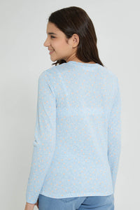 Blue Floral Print Long Sleeve T-Shirt