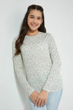 Load image into Gallery viewer, Redtag-White/Purple-Floral-Jacquard-Top-Long-Sleeves-Senior-Girls-9 to 14 Years
