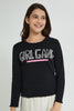 Redtag-Black-Ruffled-Hd-Print-Long-Sleeve-T-Shirts-Plain-Senior-Girls-9 to 14 Years