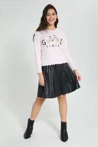 Redtag-Pink-Ruffled-Hd-Print-Long-Sleeve-T-Shirts-Plain-Senior-Girls-9 to 14 Years