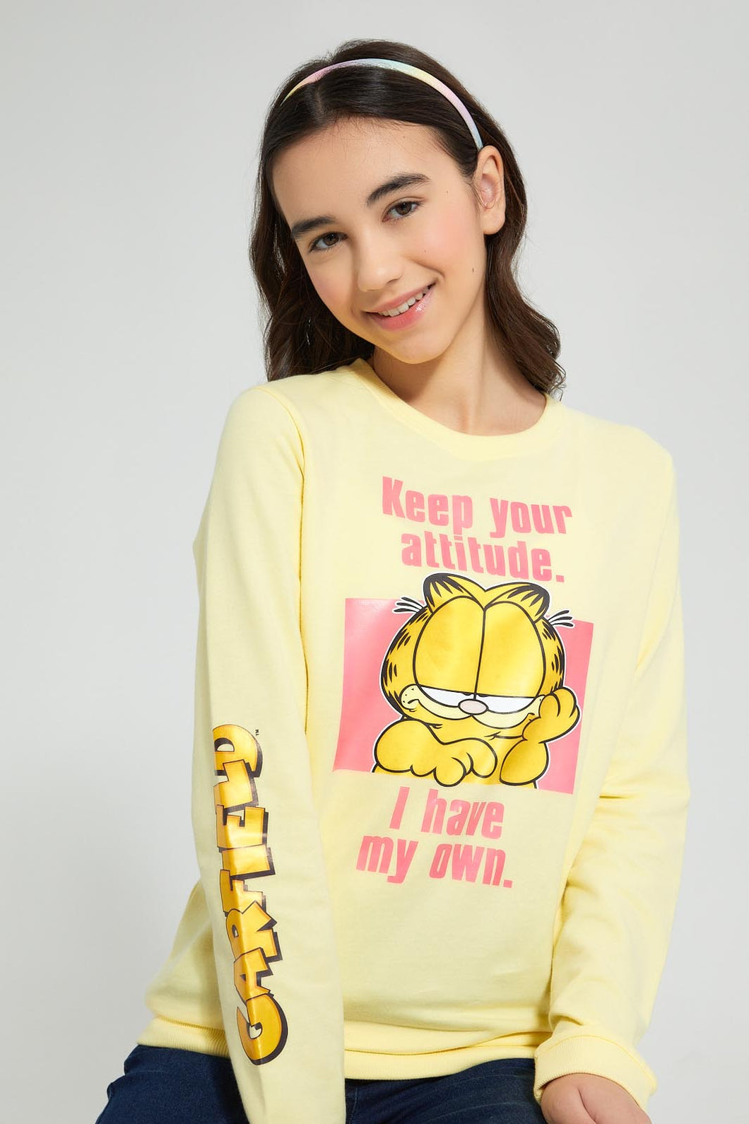 Redtag-Yellow-Garfield-SweaT-Shirts-Active-Sweatshirts-Senior-Girls-9 to 14 Years