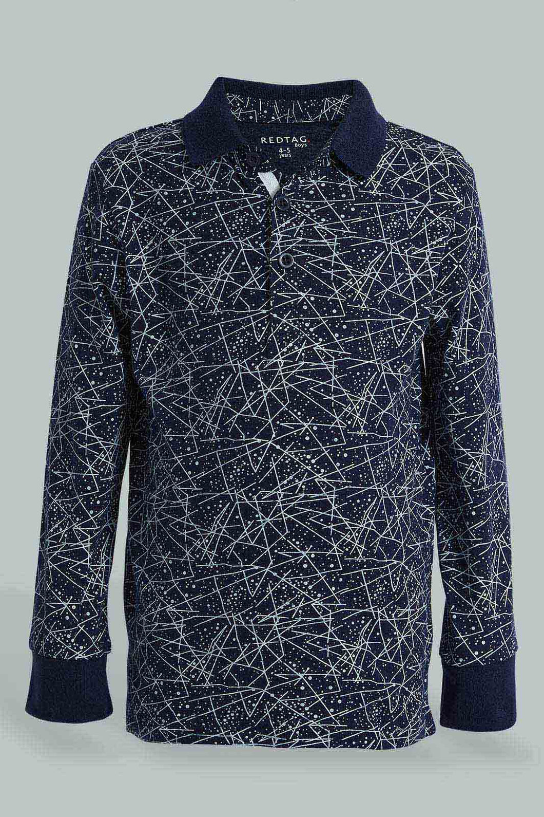 Redtag-Navy-Long-Sleeve-Splat-Print-Polo-Shirt-Polo-Shirts-Boys-2 to 8 Years
