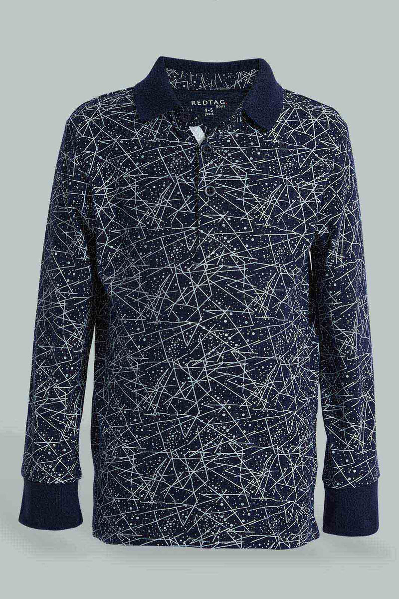 Redtag-Navy-Long-Sleeve-Splat-Print-Polo-Shirt-Polo-Shirts-Boys-2 to 8 Years