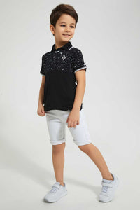 Redtag-Black-Splat-Print-Cut-&-Sew-Polo-Polo-Shirts-Boys-2 to 8 Years