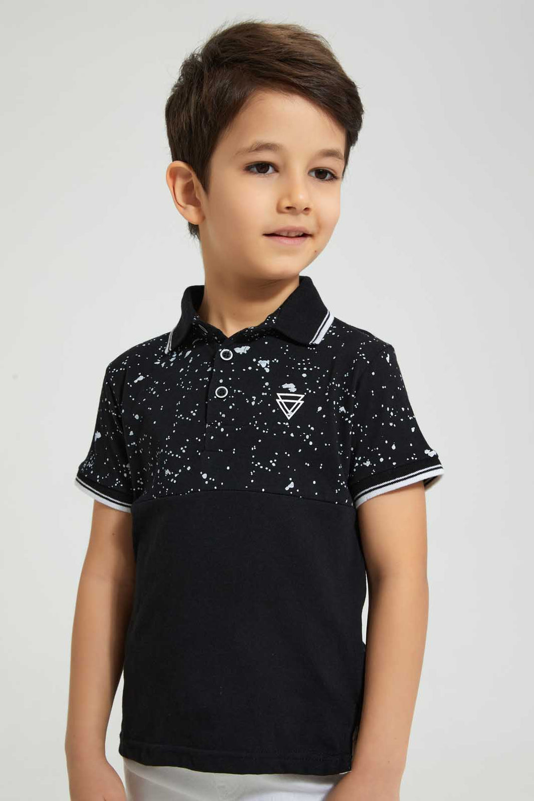 Redtag-Black-Splat-Print-Cut-&-Sew-Polo-Polo-Shirts-Boys-2 to 8 Years