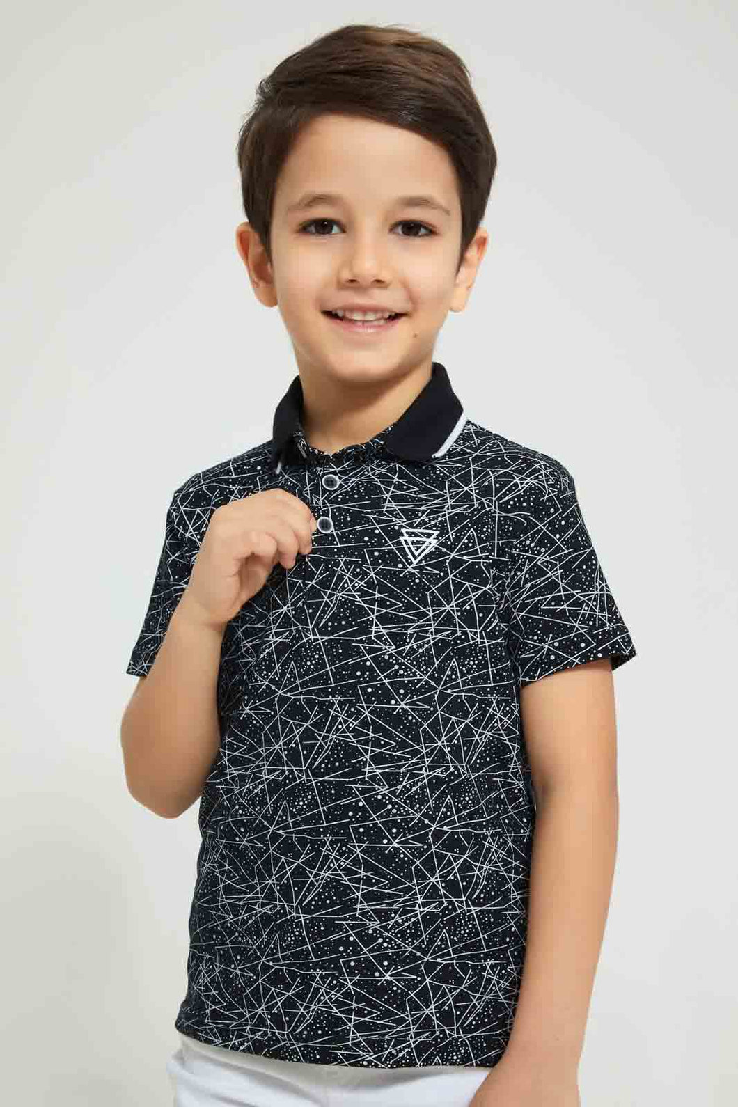 Redtag-Black-Splat-Print-Short-Sleeve-Polo-Shirt-Polo-Shirts-Boys-2 to 8 Years