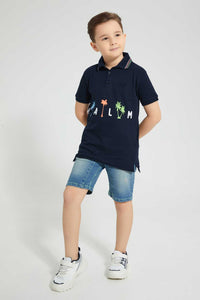 Redtag-Navy-Palm-Printed-Polo-With-Tipping-Collar-Polo-Shirts-Boys-2 to 8 Years