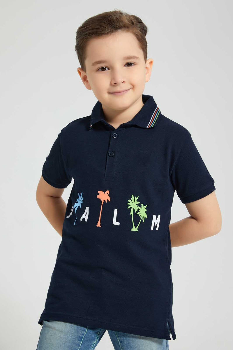 Redtag-Navy-Palm-Printed-Polo-With-Tipping-Collar-Polo-Shirts-Boys-2 to 8 Years