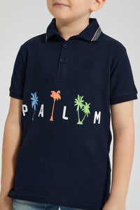 Redtag-Navy-Palm-Printed-Polo-With-Tipping-Collar-Polo-Shirts-Boys-2 to 8 Years