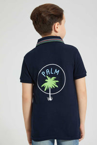 Redtag-Navy-Palm-Printed-Polo-With-Tipping-Collar-Polo-Shirts-Boys-2 to 8 Years