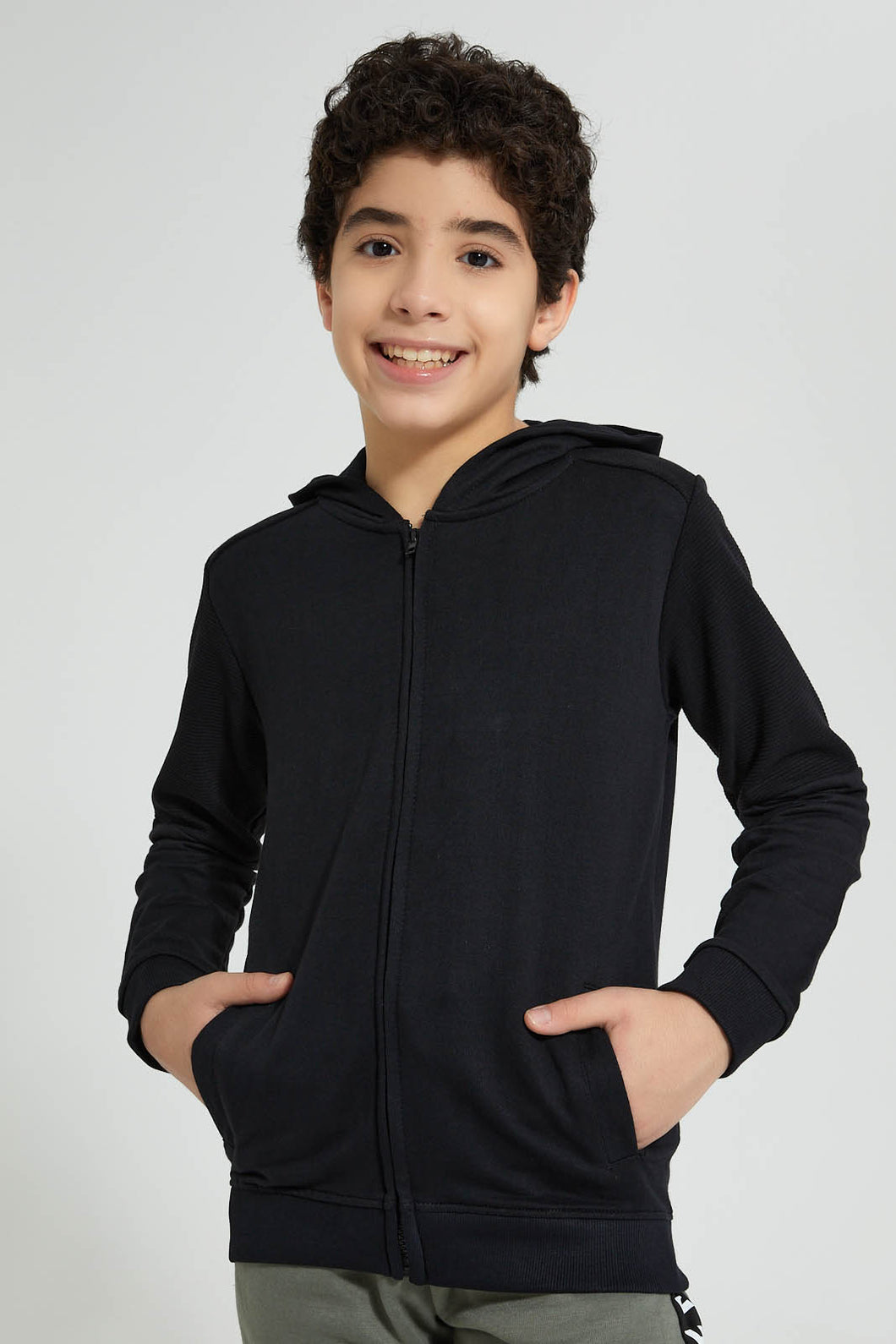 Redtag-Black-Ottoman-On-Sleeve-SweaT-Shirt-Sweatshirts-Senior-Boys-9 to 14 Years