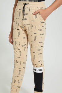 Redtag-Beige-Save-Lives-Active-Pant-Joggers-Senior-Boys-9 to 14 Years