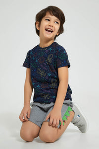 Redtag-Navy-Space-Printed-T-Shirt-And-Shorts-Set-Sets-Boys-2 to 8 Years