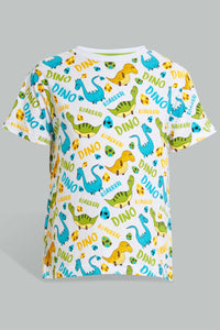 Redtag-White-Dino-Aop-T-Shirt-And-Short-Set-Sets-Boys-2 to 8 Years