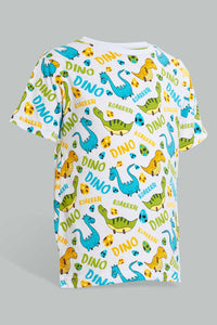Redtag-White-Dino-Aop-T-Shirt-And-Short-Set-Sets-Boys-2 to 8 Years