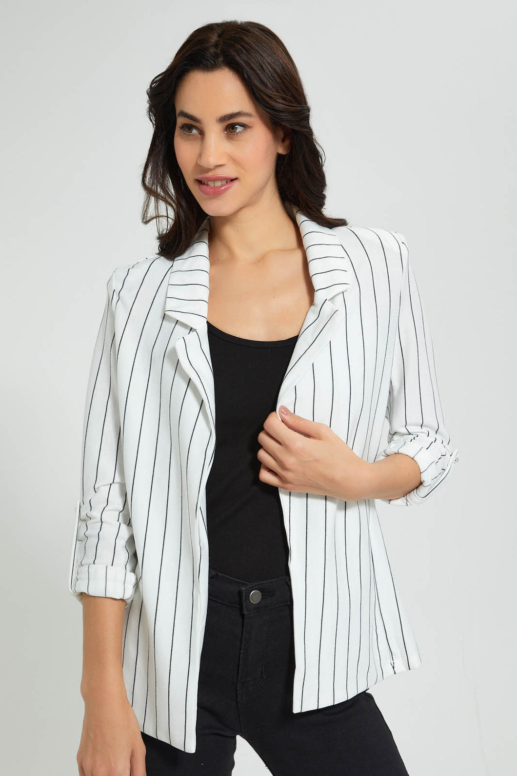 Redtag-White-Stripe-Rolled-Up-Sleeve-Jacket-Jackets-Women's-