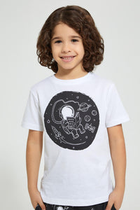 Redtag-White-Astronaut-Print-T-Shirt-And-Shorts-Set-Sets-Boys-2 to 8 Years