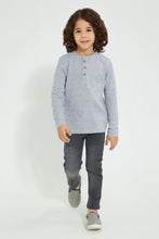 Load image into Gallery viewer, Redtag-Grey-Marl-Long-Sleeve-Jacquard-Henley-T-Shirt-Long-Sleeves-Boys-2 to 8 Years
