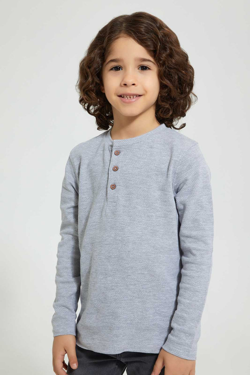 Redtag-Grey-Marl-Long-Sleeve-Jacquard-Henley-T-Shirt-Long-Sleeves-Boys-2 to 8 Years