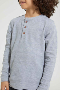 Redtag-Grey-Marl-Long-Sleeve-Jacquard-Henley-T-Shirt-Long-Sleeves-Boys-2 to 8 Years