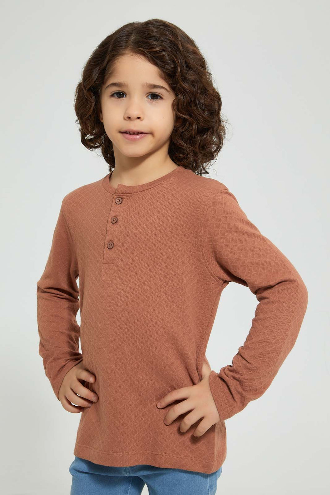 Redtag-Brown-Long-Sleeve-Jacquard-Henley-T-Shirt-Long-Sleeves-Boys-2 to 8 Years