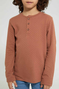 Redtag-Brown-Long-Sleeve-Jacquard-Henley-T-Shirt-Long-Sleeves-Boys-2 to 8 Years