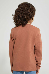 Redtag-Brown-Long-Sleeve-Jacquard-Henley-T-Shirt-Long-Sleeves-Boys-2 to 8 Years