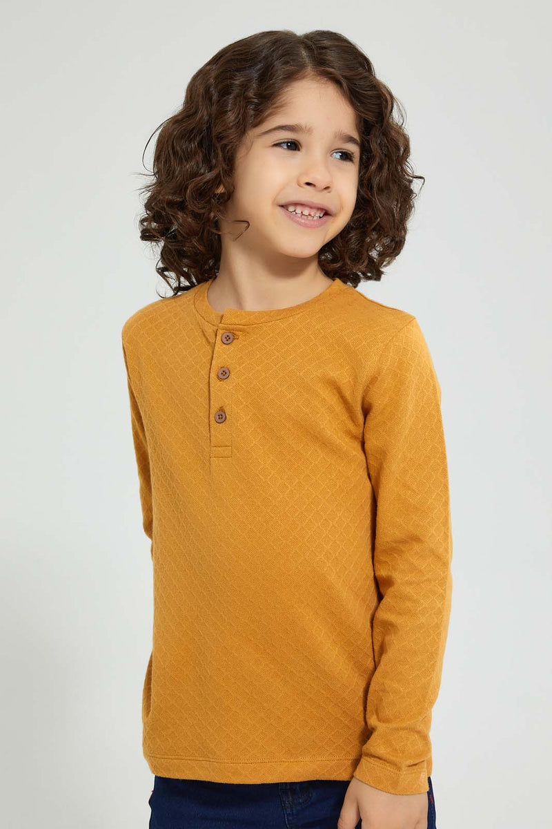 Redtag-Gold-Long-Sleeve-Jacquard-Henley-T-Shirt-Long-Sleeves-Boys-2 to 8 Years