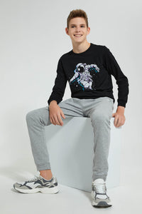 Redtag-Black-Astronaut-Drums-Sweat-T-Shirt-Long-Sleeves-Senior-Boys-9 to 14 Years