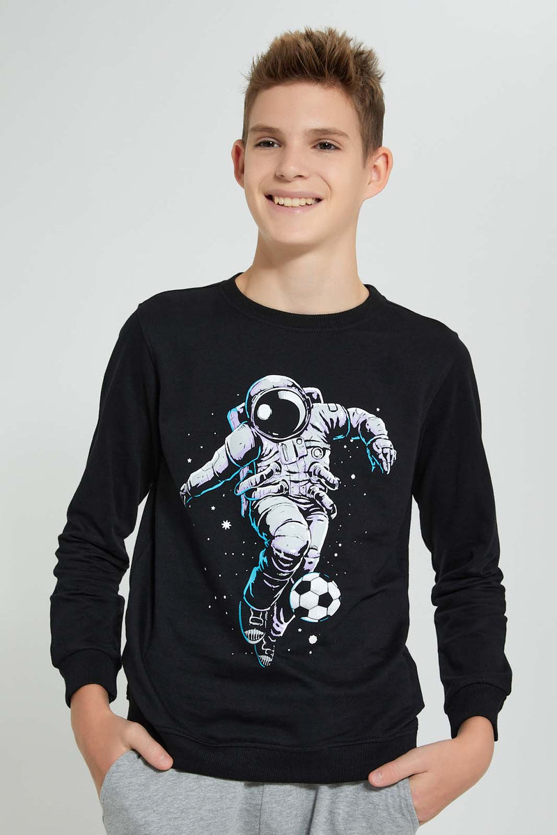 Redtag-Black-Astronaut-Drums-Sweat-T-Shirt-Long-Sleeves-Senior-Boys-9 to 14 Years