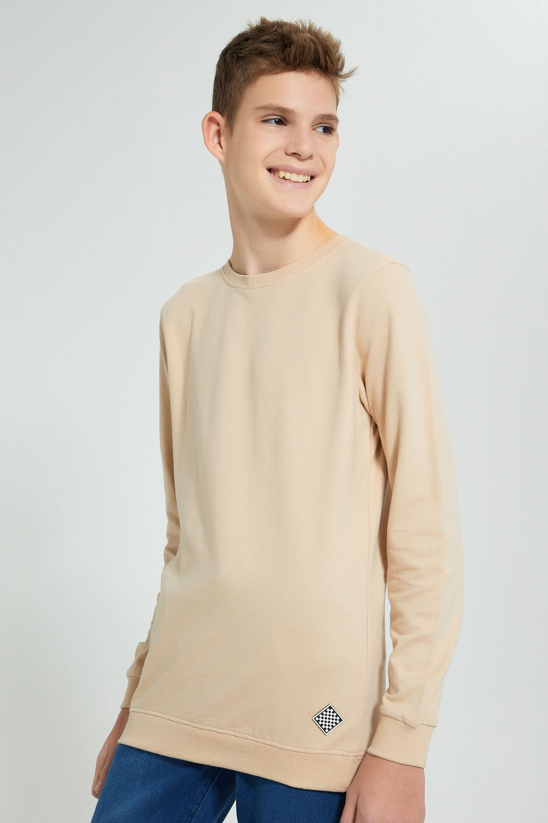 Redtag-Beige-Plain-Sweat-T-Shirt-Long-Sleeves-Senior-Boys-9 to 14 Years