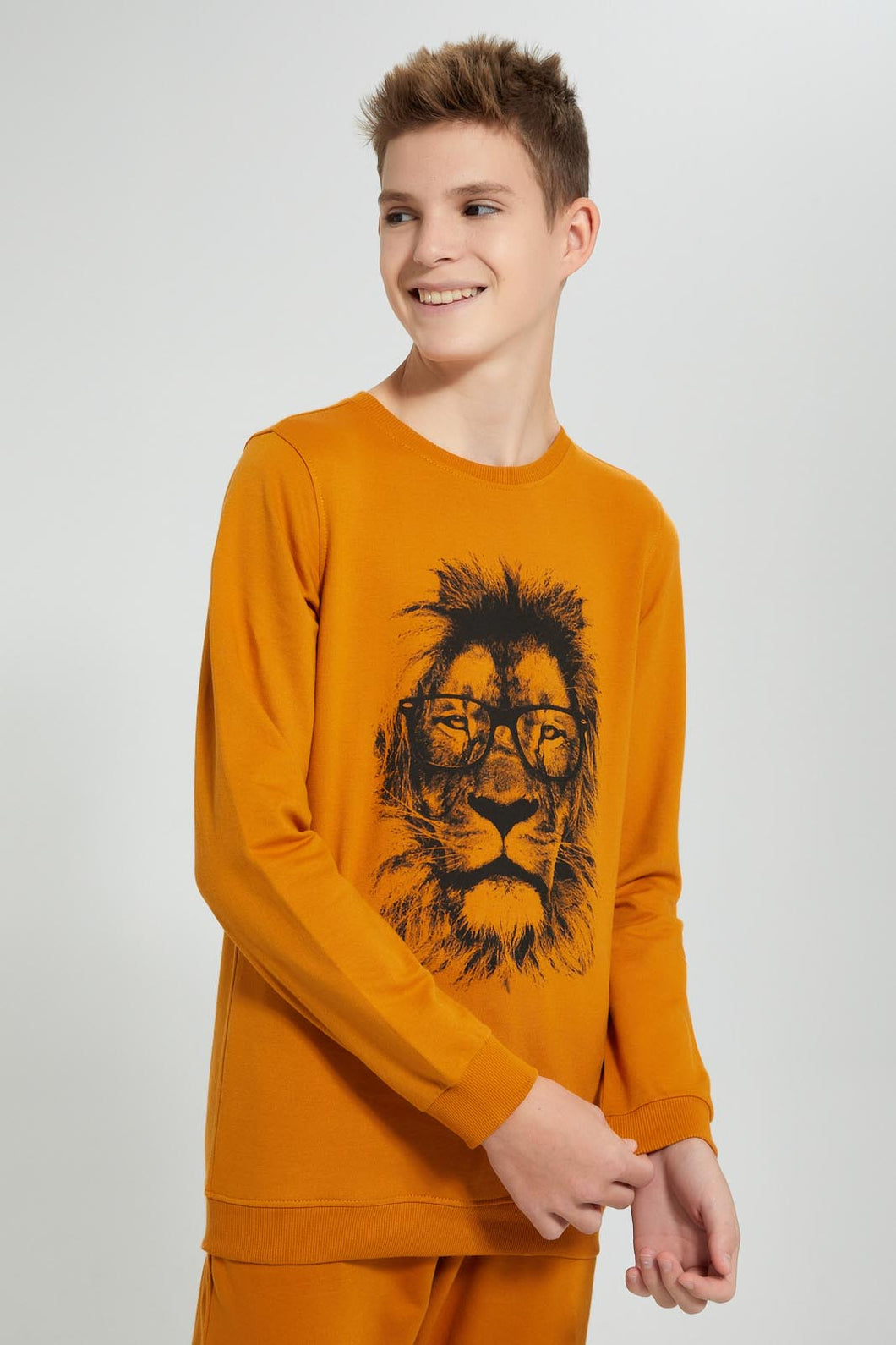 Redtag-Mustard-Lion-Face-Sweat-T-Shirt-Long-Sleeves-Senior-Boys-9 to 14 Years