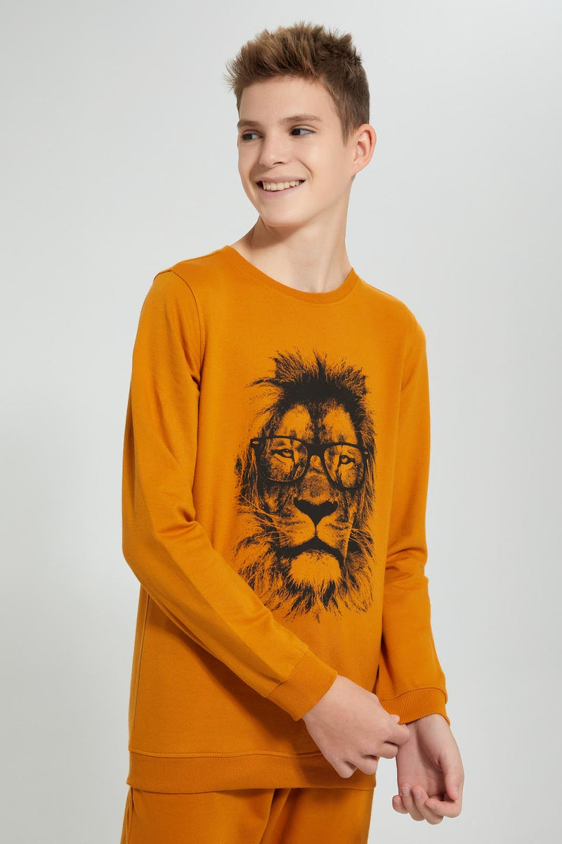 Redtag-Mustard-Lion-Face-Sweat-T-Shirt-Long-Sleeves-Senior-Boys-9 to 14 Years