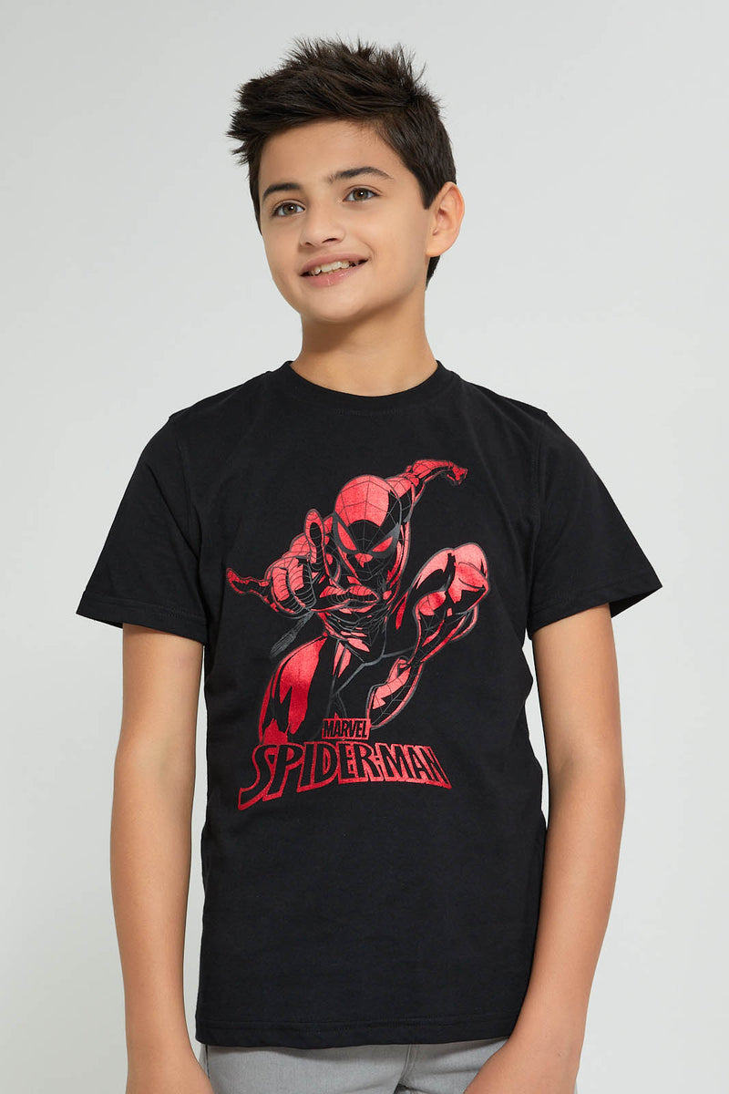 Redtag-Black-Spiderman-T-Shirt-Graphic-Prints-Senior-Boys-9 to 14 Years