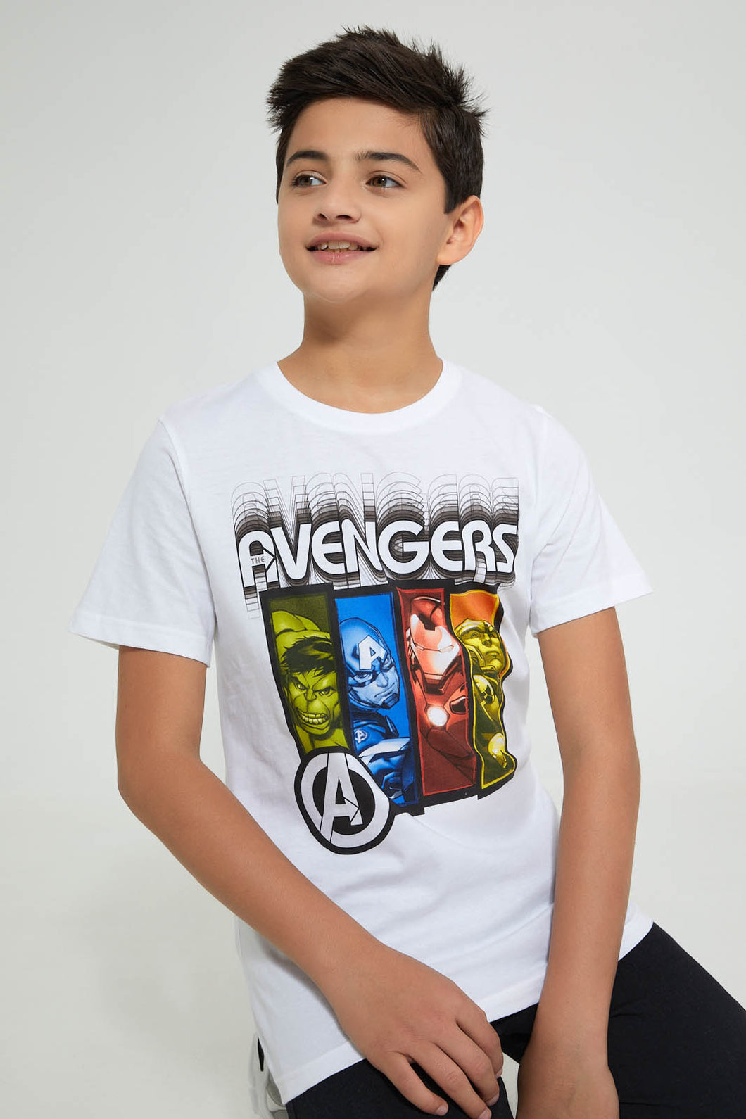 Redtag-White-Marvel-T-Shirt-Graphic-Prints-Senior-Boys-9 to 14 Years