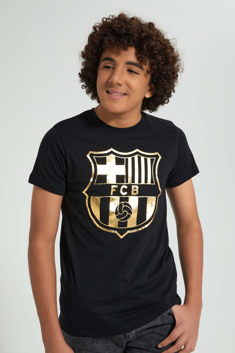 Redtag-Black-Barca-Tee-All-Over-Prints-Senior-Boys-9 to 14 Years