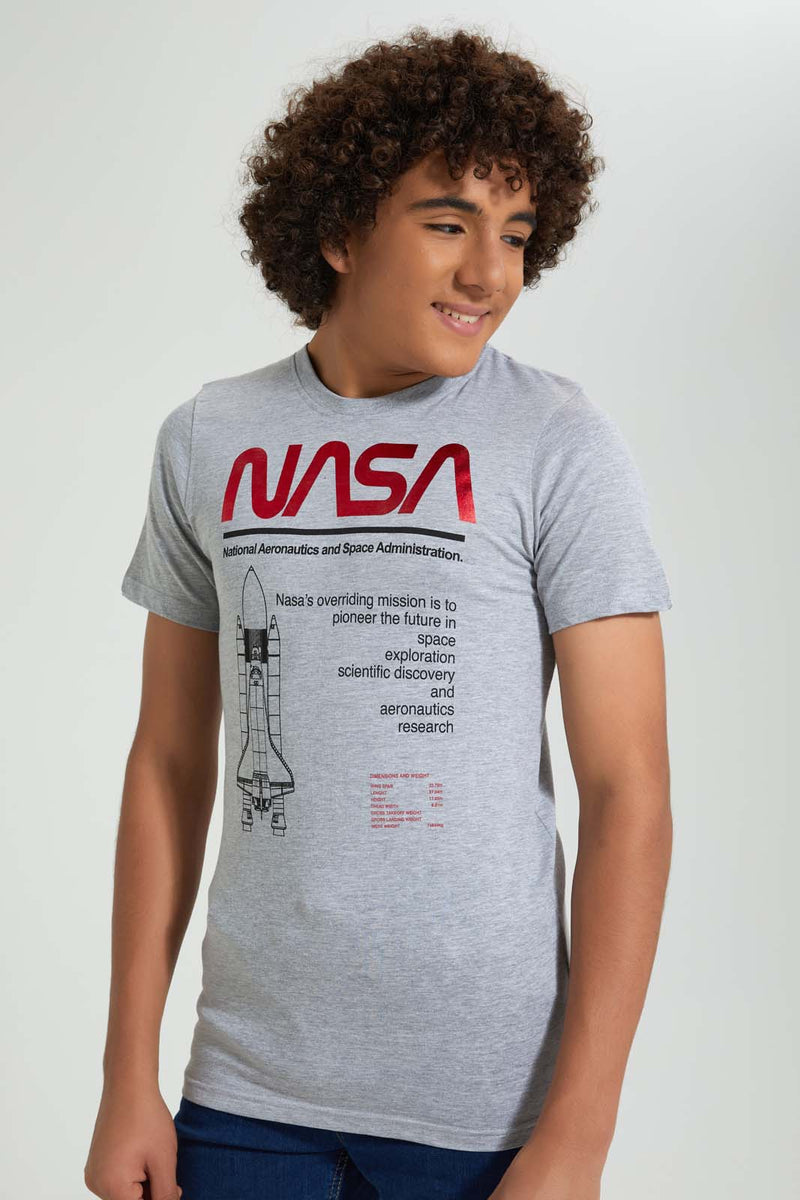 Redtag-Grey-Nasa-T-Shirt-Graphic-Prints-Senior-Boys-9 to 14 Years