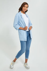 Redtag-Blue-Checked-Rolled-Up-Sleeve-Jacket-Jackets-Women's-0