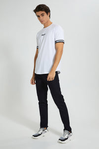 Redtag-White-Stretch-T-Shirt-With-Cuff-Tape-Graphic-Prints-Men's-