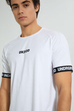 تنزيل الصورة على معرض الصور، Redtag-White-Stretch-T-Shirt-With-Cuff-Tape-Graphic-Prints-Men&#39;s-
