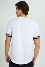 تنزيل الصورة على معرض الصور، Redtag-White-Stretch-T-Shirt-With-Cuff-Tape-Graphic-Prints-Men&#39;s-
