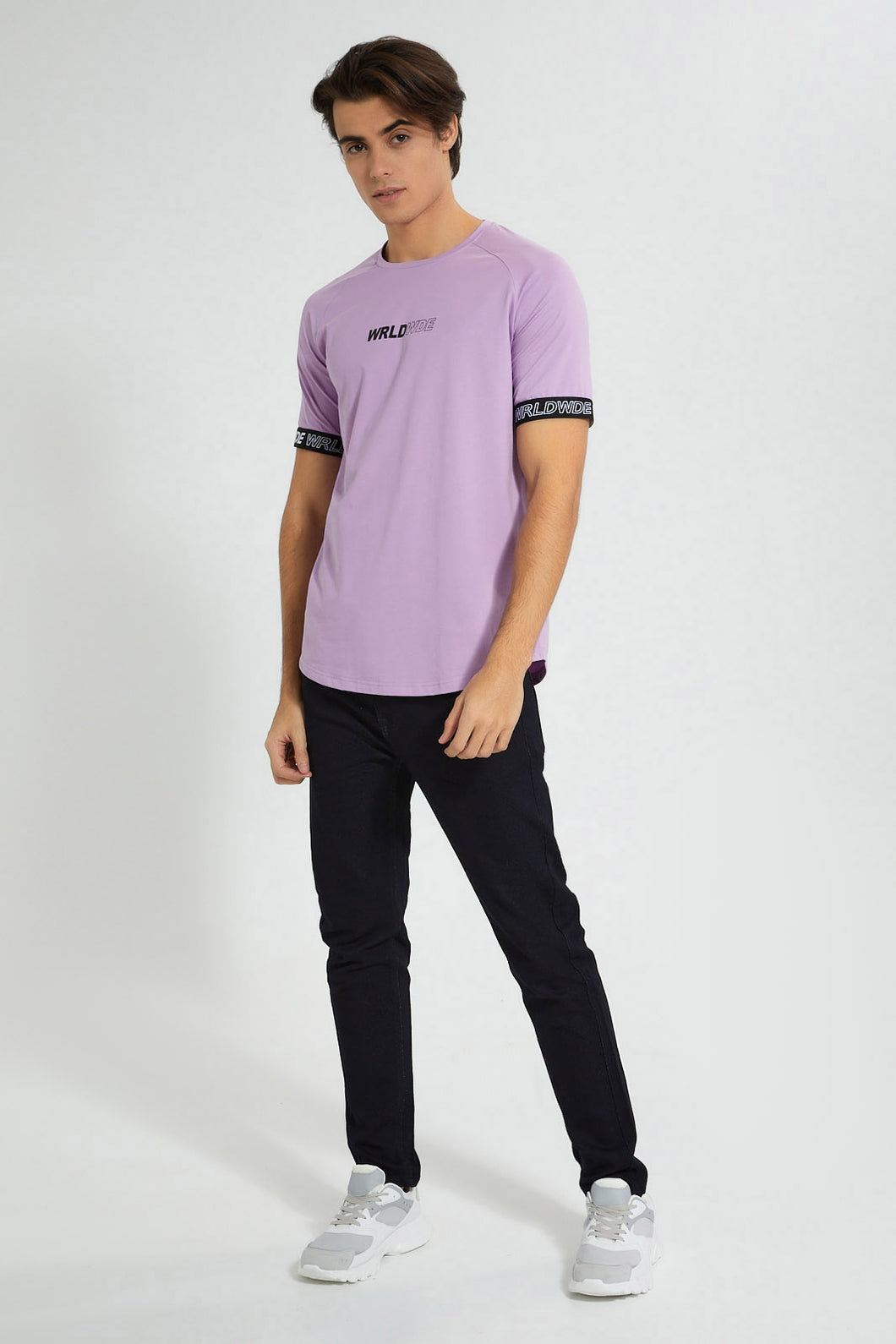 Redtag-Purple-Stretch-T-Shirt-With-Cuff-Tape-Graphic-Prints-Men's-