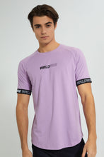 Load image into Gallery viewer, Redtag-Purple-Stretch-T-Shirt-With-Cuff-Tape-Graphic-Prints-Men&#39;s-
