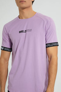 Redtag-Purple-Stretch-T-Shirt-With-Cuff-Tape-Graphic-Prints-Men's-