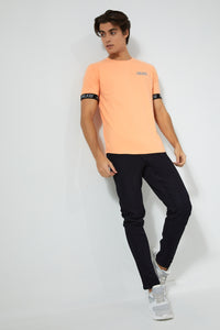 Redtag-Orange-Stretch-T-Shirt-With-Cuff-Tape-Graphic-Prints-Men's-