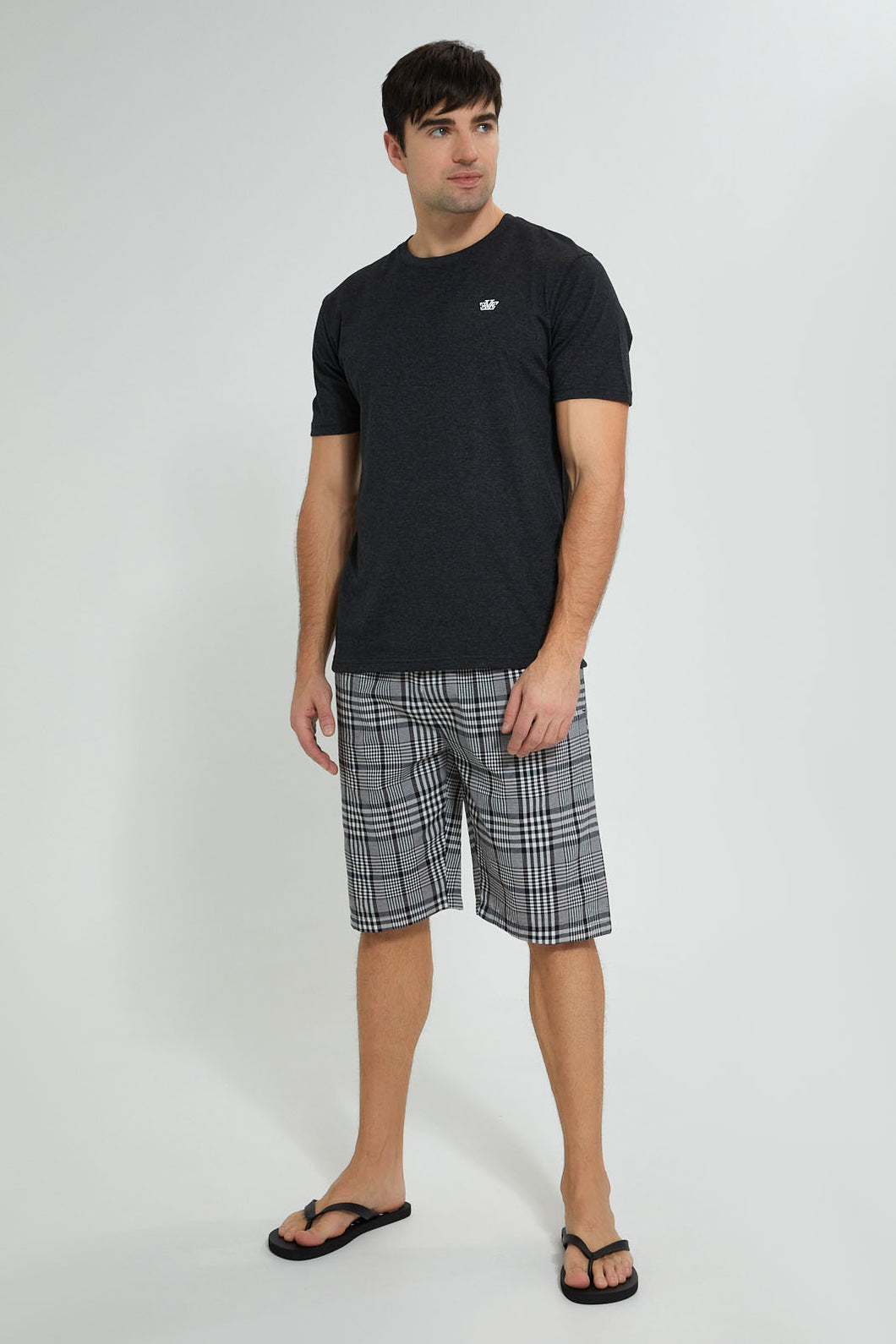 Redtag-Charcoal-T-Shirt-With-Woven-Shorts-Nightsuit-Pyjama-Sets-Men's-