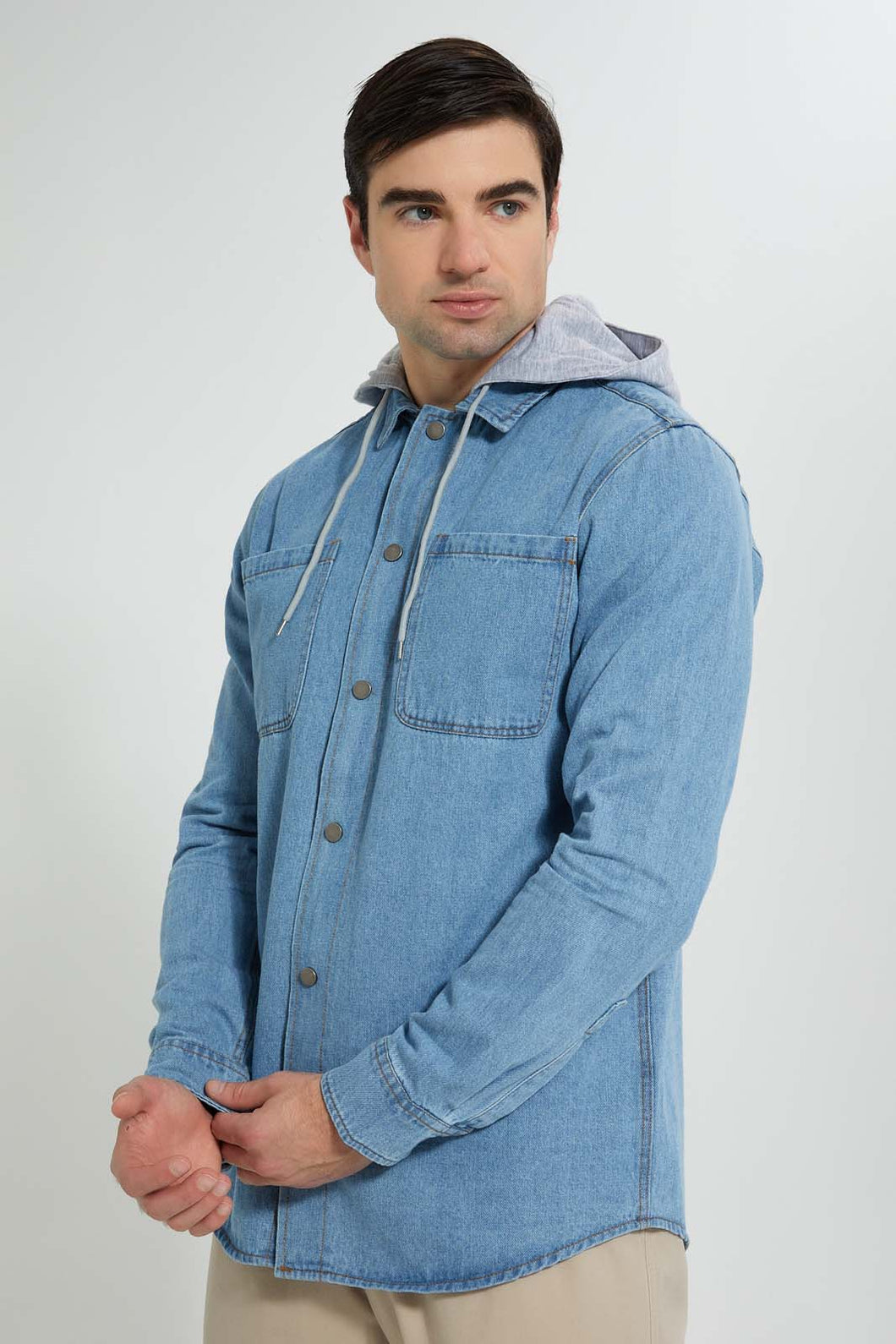 Redtag-Indigo-Denim-Shirt-With-Hoodie-Casual-Shirts-Men's-