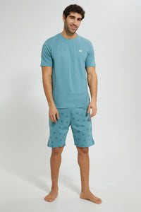Redtag-Green-Night-Suit-With-Printed-Shorts-Pyjama-Sets-Men's-
