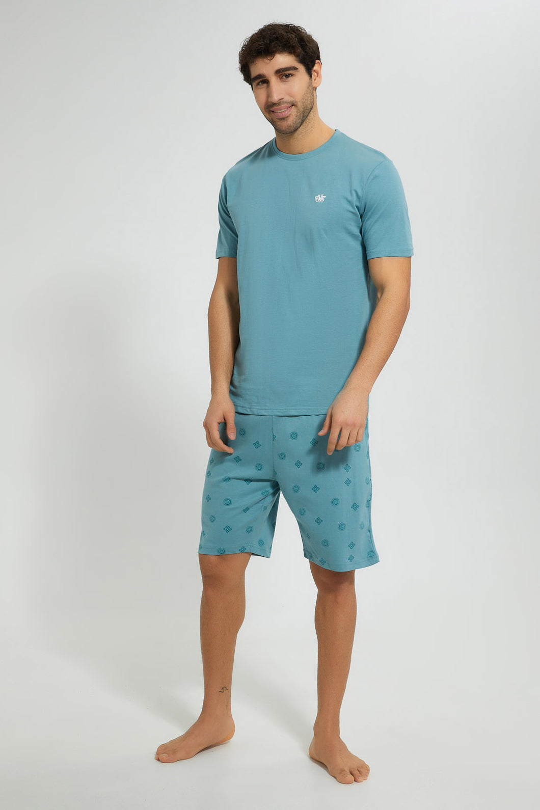Redtag-Green-Night-Suit-With-Printed-Shorts-Pyjama-Sets-Men's-