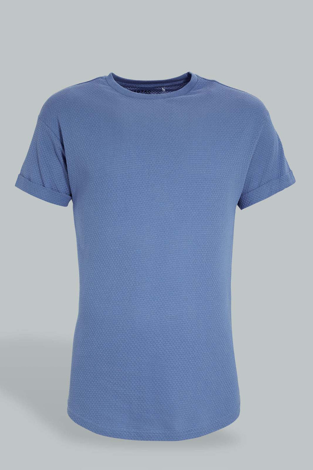 Redtag-Blue-Jacquard-Fabric-T-Shirt-Plain-Men's-